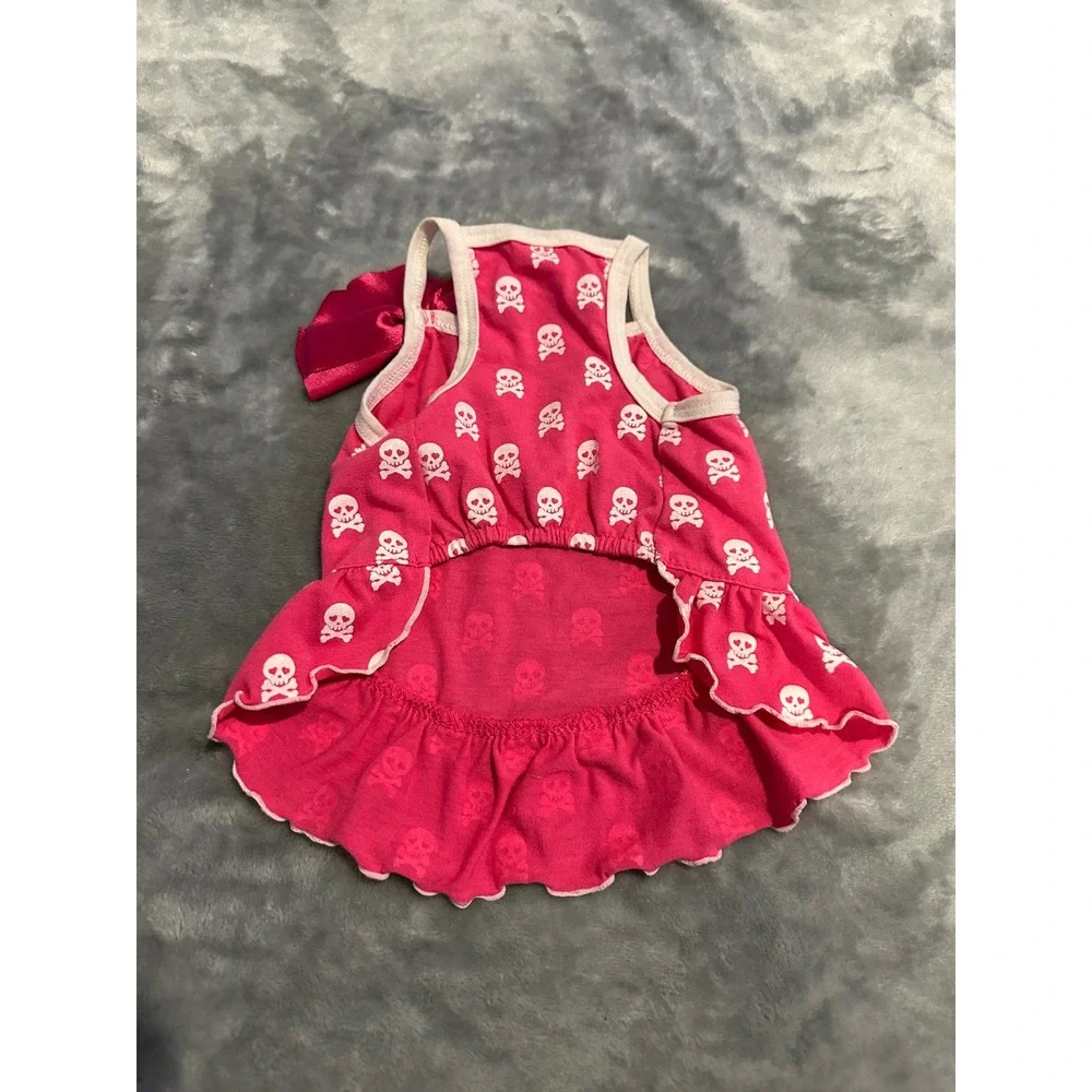 Glamour To The Bone Pet Dress Female XS Pink Skull Print Ruffle Bow Rhinestone